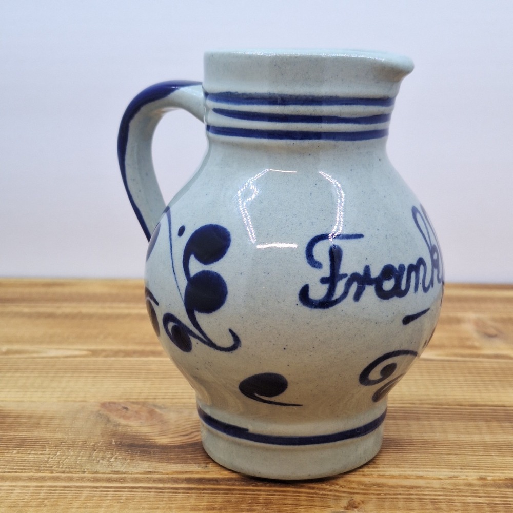 BLUE & GREY‎ SALT GLAZE HAND PAINTED & THROWN SMALL PITCHER "FRANKFURT ALDL" 5"